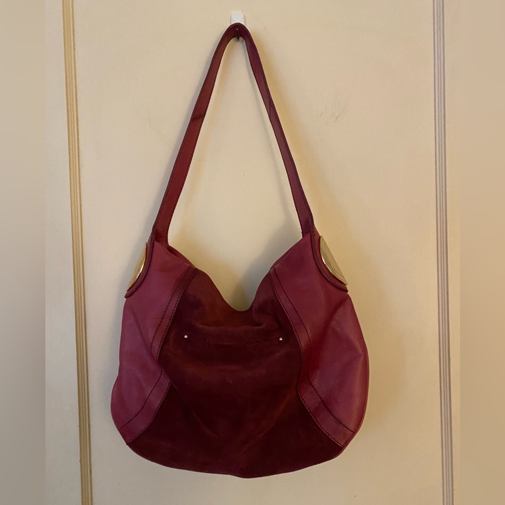 B. Makowsky Classic Shoulder Bag Maroon/Red/Suede Leather